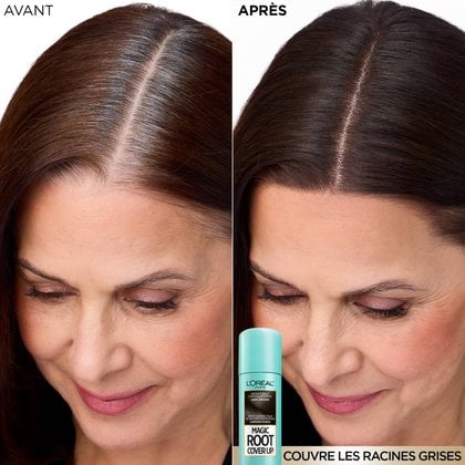 Version française du montage avant-après. L'image de gauche ('AVANT') illustre l'apparition des racines grises, tandis que l'image de droite ('APRÈS') montre la chevelure parfaitement unifiée grâce au spray correcteur. Le flacon Magic Root Cover Up Châtain Foncé est affiché au centre. La mention 'COUVRE LES RACINES GRISES' figure en bas.