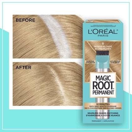 Hair before and after using Magic Root Permanent 8 Medium Blonde
