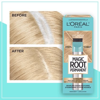Hair before and after using Magic Root Permanent 9 Light Blonde