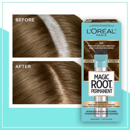 Hair before and after using Magic Root Permanent 5G Medium Golden Brown