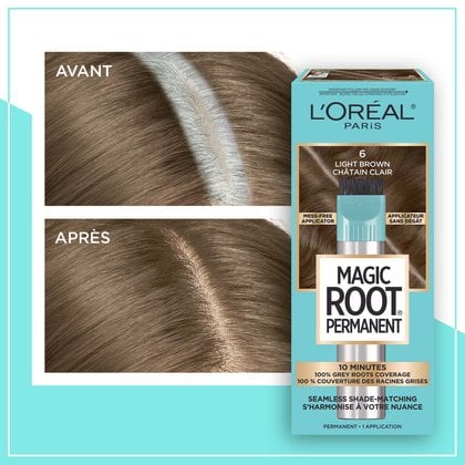 Avant et après la coloration Magic Root Permanent 6 Châtain Clair
