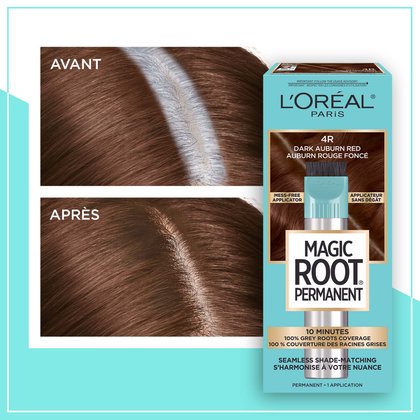 Avant et après la coloration Magic Root Permanent 4R Auburn Rouge Foncé