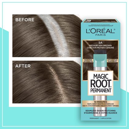 Hair before and after using Magic Root Permanent 5A Medium Ash Brown