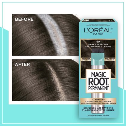 Hair before and after using Magic Root Permanent 4A Dark Ash Brown