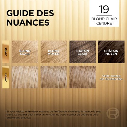 Avant et après la coloration Superior Preference 19 Blond Clair Cendré