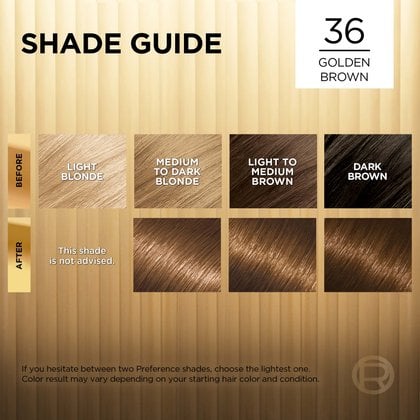 Hair before and after using Superior Preference 36 Golden Brown