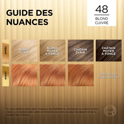 Avant et après la coloration Superior Preference 48 Blond Cuivré