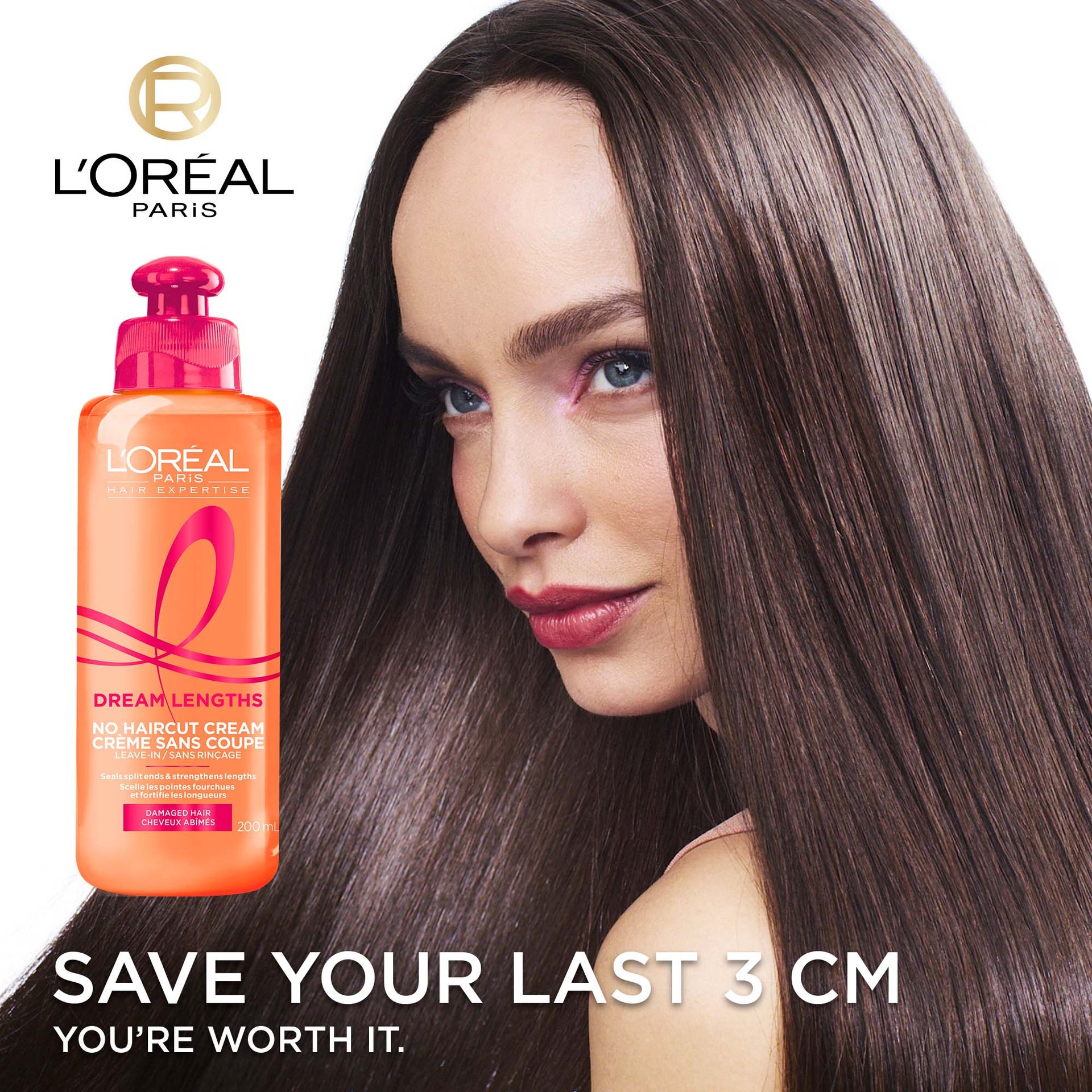 A woman with straight hair and L'Oréal Paris no haircut cream