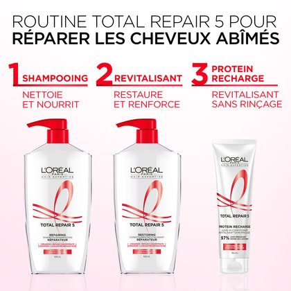 Routine pour les cheveux abimés avec le shampoing et le revitalisant total repair 5 et le revitalisant sans rincage