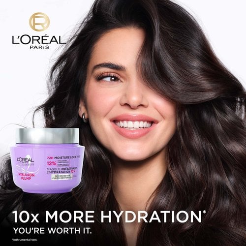 Kendall Jenner with hydrated hair and the plump hyaluron mask for 10x more hydrated hair