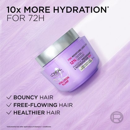 10X more hydration for bouncy, light, healthy hair with hyaluron plump mask