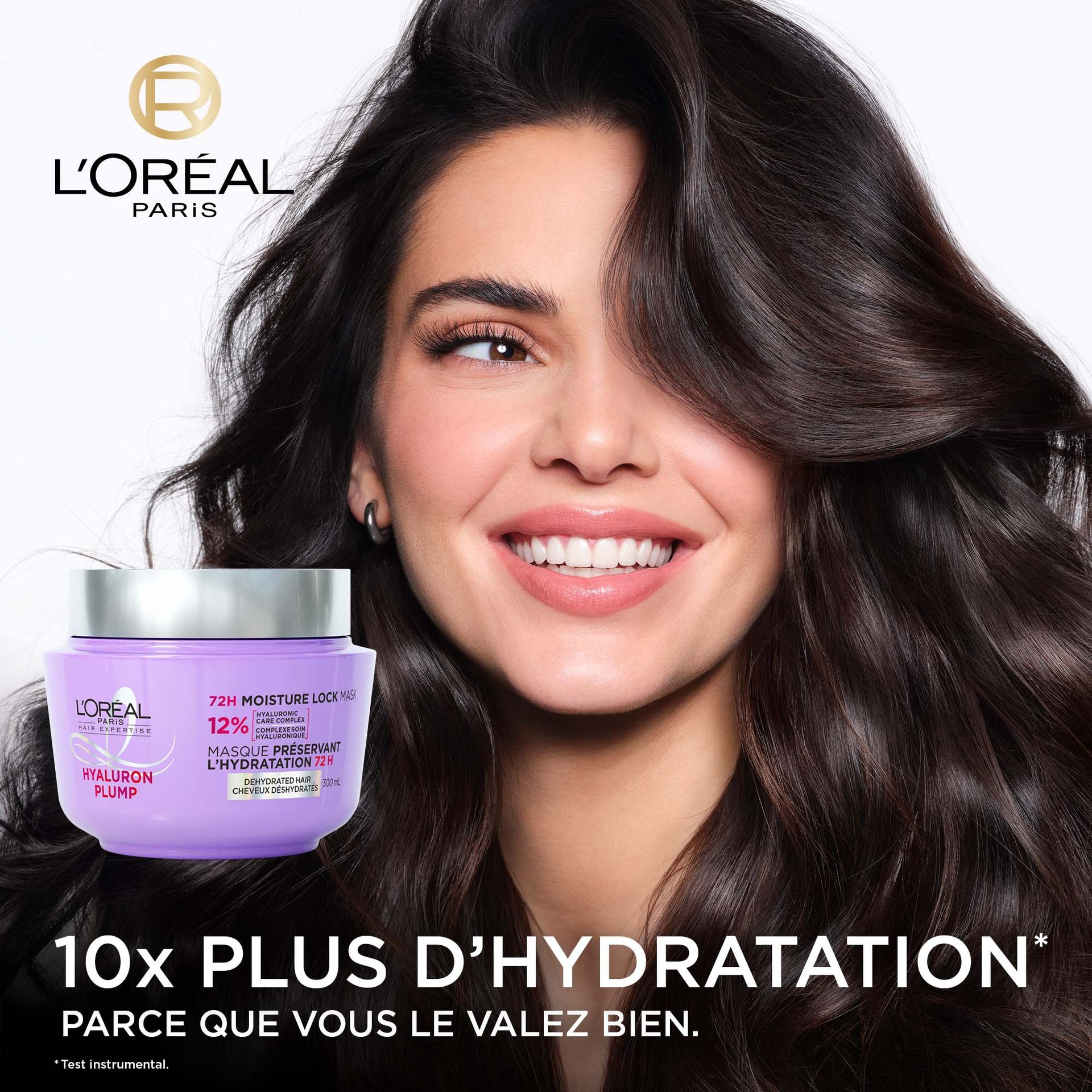 Kendall Jenner avec des cheveux hydratés et le masque hyaluron plump pour des cheveux 10x plus hydratés