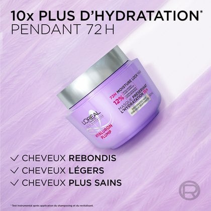 10X plus d'hydratation pour des cheveux rebondis, légers et sains avec le masque hyaluron plump