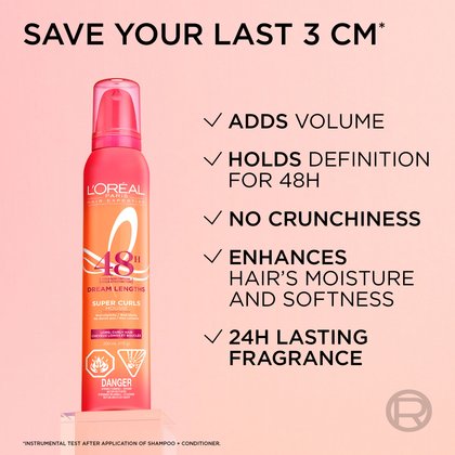 Save the last 3 cm with L'Oréal Paris volumizing mousse to add volume and moisturize hair.