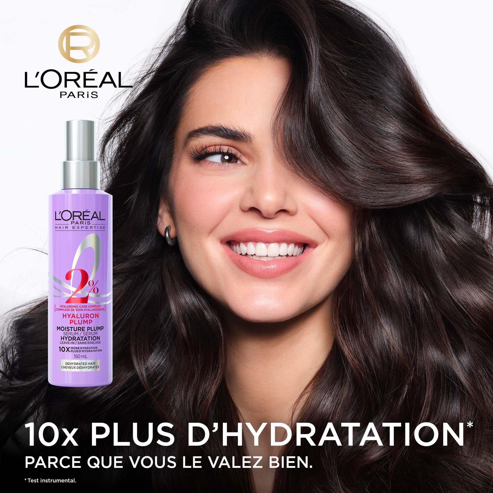 Kendall Jenner avec des cheveux hydratés et le sérum hyaluron plump pour des cheveux 10x plus hydratés