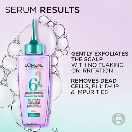 Hyaluron Pure serum exfoliates the scalp without irritation and removes dead cells, build-up and impurities.