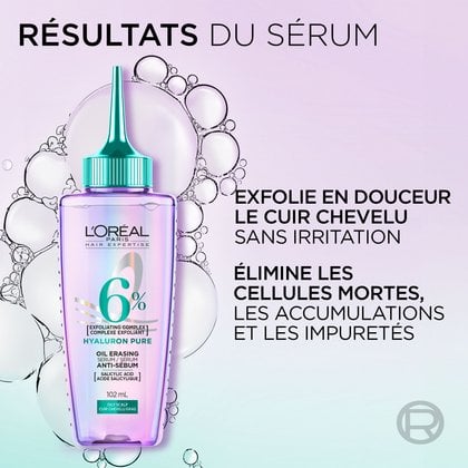 Avec le sérum hyaluron pure exfolie le cuir chevelu sans irritation et élimine les cellules mortes, les accumulations et les impuretées.