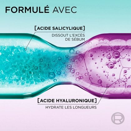 molécule d'Acide salycilique pour dissoudre l'excès de sébum et de l'acide hyaluronic pour hydrater les longueurs
