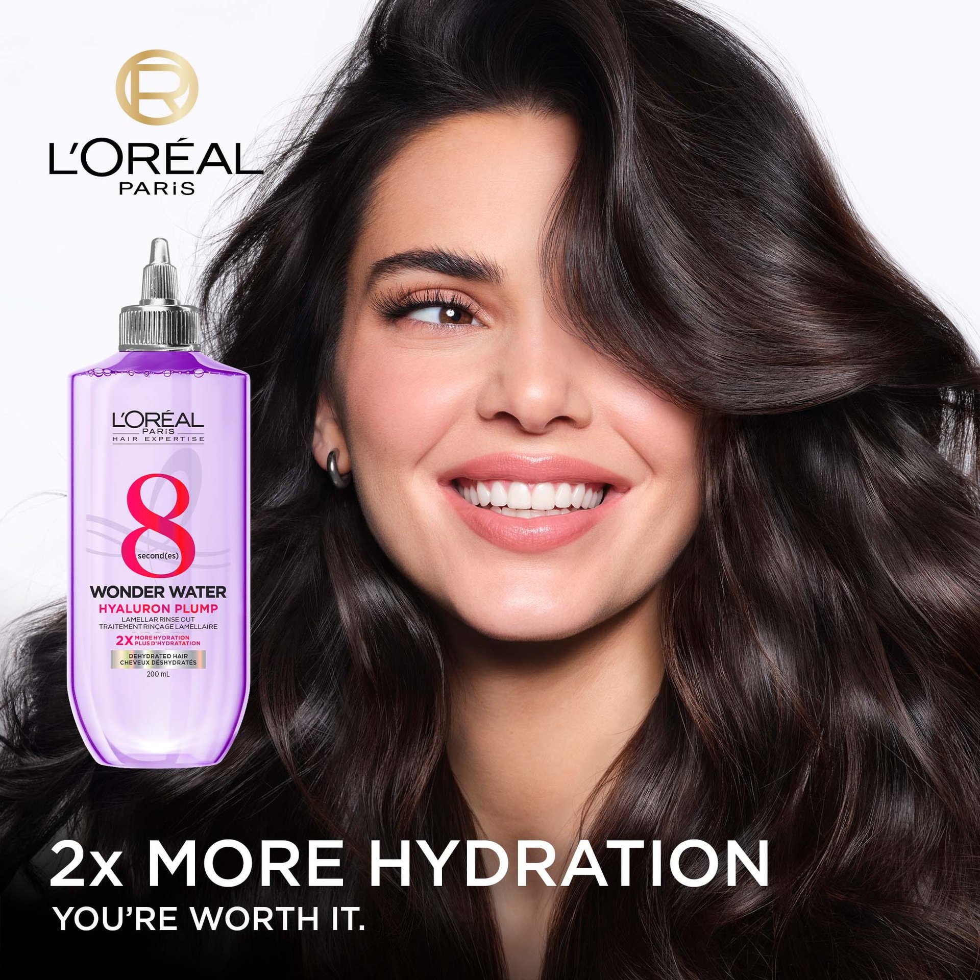 Kendall Jenner with hydrated hair and the plump hyaluron wonder water for 2x more hydrated hair