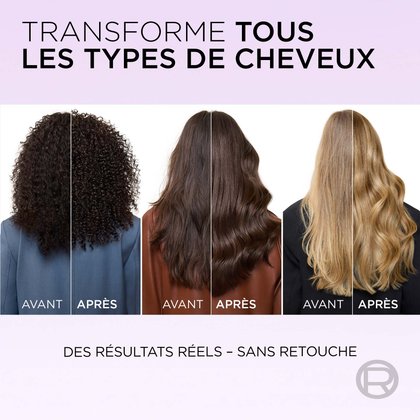 3 femme de dos avant et après l'utilisation de la wonder water hyaluron plump avec des cheveux hydratés