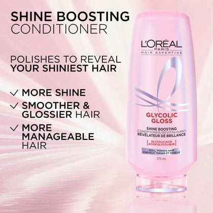 A L'Oréal Paris Glycolic Gloss Shine Boosting Conditioner bottle (375 mL). Text on the image highlights benefits: "POLISHES TO REVEAL YOUR SHINIEST HAIR," "MORE SHINE," "SMOOTHER & GLOSSIER HAIR," and "MORE MANAGEABLE HAIR."