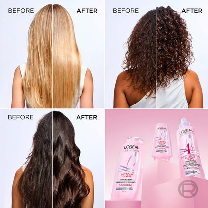A four-panel collage showing "Before" and "After" comparisons of different hair types (blonde straight, brunette curly, dark wavy) after using L'Oréal Glycolic Gloss. All hair appears significantly smoother and shinier in the "After" panels. A small image of the three L'Oréal Glycolic Gloss product bottles (shampoo, conditioner, serum) is in the bottom right corner.