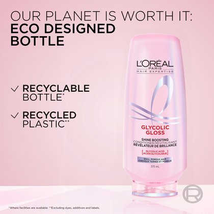 A L'Oréal Paris Glycolic Gloss Shine Boosting Conditioner bottle (375 mL). Text highlights its eco-designed features: "OUR PLANET IS WORTH IT: ECO DESIGNED BOTTLE," "RECYCLABLE BOTTLE*," and "RECYCLED PLASTIC**" with small print disclaimers.