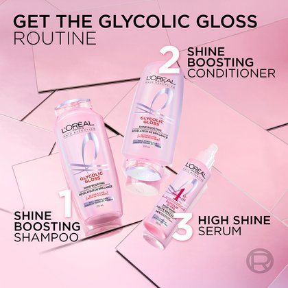 An image showcasing the three steps of the L'Oréal Glycolic Gloss routine: (1) Shine Boosting Shampoo (375 mL), (2) Shine Boosting Conditioner (375 mL), and (3) High Shine Serum (130 mL), arranged on a shiny pink surface with large numbers indicating the order of use.