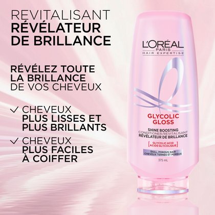 Une bouteille de l'après-shampooing révélateur de brillance L'Oréal Paris Glycolic Gloss (375 mL). Le texte sur l'image met en évidence les bénéfices : "POLIT POUR RÉVÉLER VOS CHEVEUX LES PLUS BRILLANTS", "PLUS DE BRILLANCE", "CHEVEUX PLUS LISSES ET PLUS GLOSSES" et "CHEVEUX PLUS FACILES À GÉRER".