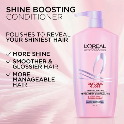 A large L'Oréal Paris Glycolic Gloss Shine Boosting Conditioner bottle with a pump. Text on the image highlights benefits: "POLISHES TO REVEAL YOUR SHINIEST HAIR," "MORE SHINE," "SMOOTHER & GLOSSIER HAIR," and "MORE MANAGEABLE HAIR."