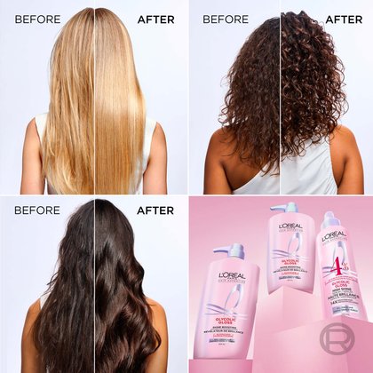 A four-panel collage showing "Before" and "After" comparisons of different hair types (blonde straight, brunette curly, dark wavy) after using L'Oréal Glycolic Gloss. All hair appears significantly smoother and shinier in the "After" panels. A small image of the three L'Oréal Glycolic Gloss product bottles is in the bottom right corner.