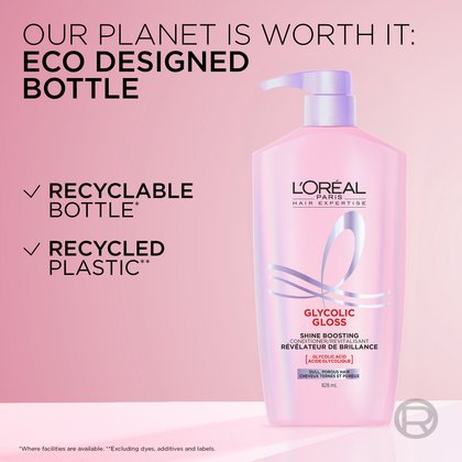 A large L'Oréal Paris Glycolic Gloss Shine Boosting Conditioner bottle with a pump. Text highlights its eco-designed features: "OUR PLANET IS WORTH IT: ECO DESIGNED BOTTLE," "RECYCLABLE BOTTLE*," and "RECYCLED PLASTIC**" with small print disclaimers.
