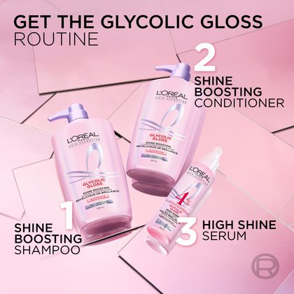 An image showcasing the three steps of the L'Oréal Glycolic Gloss routine: (1) Shine Boosting Shampoo, (2) Shine Boosting Conditioner, and (3) High Shine Serum, arranged on a shiny pink surface with large numbers indicating the order of use.
