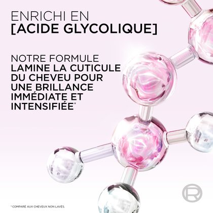 Une grande bouteille de l'après-shampooing révélateur de brillance L'Oréal Paris Glycolic Gloss avec une pompe. Le texte sur l'image met en évidence les bénéfices : "POLIT POUR RÉVÉLER VOS CHEVEUX LES PLUS BRILLANTS", "PLUS DE BRILLANCE", "CHEVEUX PLUS LISSES ET PLUS GLOSSES" et "CHEVEUX PLUS FACILES À GÉRER".