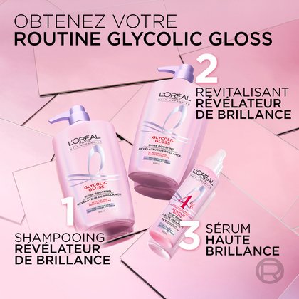 Une grande bouteille de l'après-shampooing révélateur de brillance L'Oréal Paris Glycolic Gloss avec une pompe. Le texte met en avant ses caractéristiques éco-conçues : "NOTRE PLANÈTE EN VAUT LA PEINE : BOUTEILLE ÉCO-CONÇUE", "BOUTEILLE RECYCLABLE*" et "PLASTIQUE RECYCLÉ**" avec des petits textes de disclaimer.
