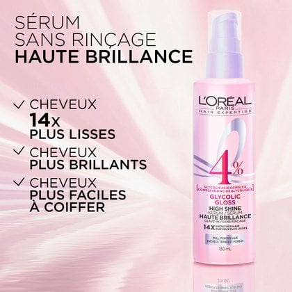 Gros plan sur la bouteille rose à pompe du sérum brillance L'Oréal Paris Glycolic Gloss, pour les "Cheveux Terne et Poreux". Le texte sur l'image met en évidence les bénéfices : "14x CHEVEUX PLUS LISSES", "CHEVEUX PLUS BRILLANTS" et "CHEVEUX PLUS FACILES À GÉRER".