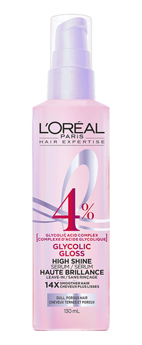 A standalone, cut-out image of the L'Oréal Paris Glycolic Gloss High Shine Serum in a pink pump bottle, labeled for "Dull, Porous Hair."