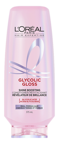 A standalone, cut-out image of the L'Oréal Paris Glycolic Gloss Shine Boosting Conditioner in a pink squeeze bottle (375 mL), labeled for "Dull, Porous Hair" and indicating Glycolic Acid.