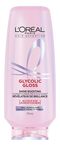 A standalone, cut-out image of the L'Oréal Paris Glycolic Gloss Shine Boosting Conditioner in a pink squeeze bottle (375 mL), labeled for "Dull, Porous Hair" and indicating Glycolic Acid.