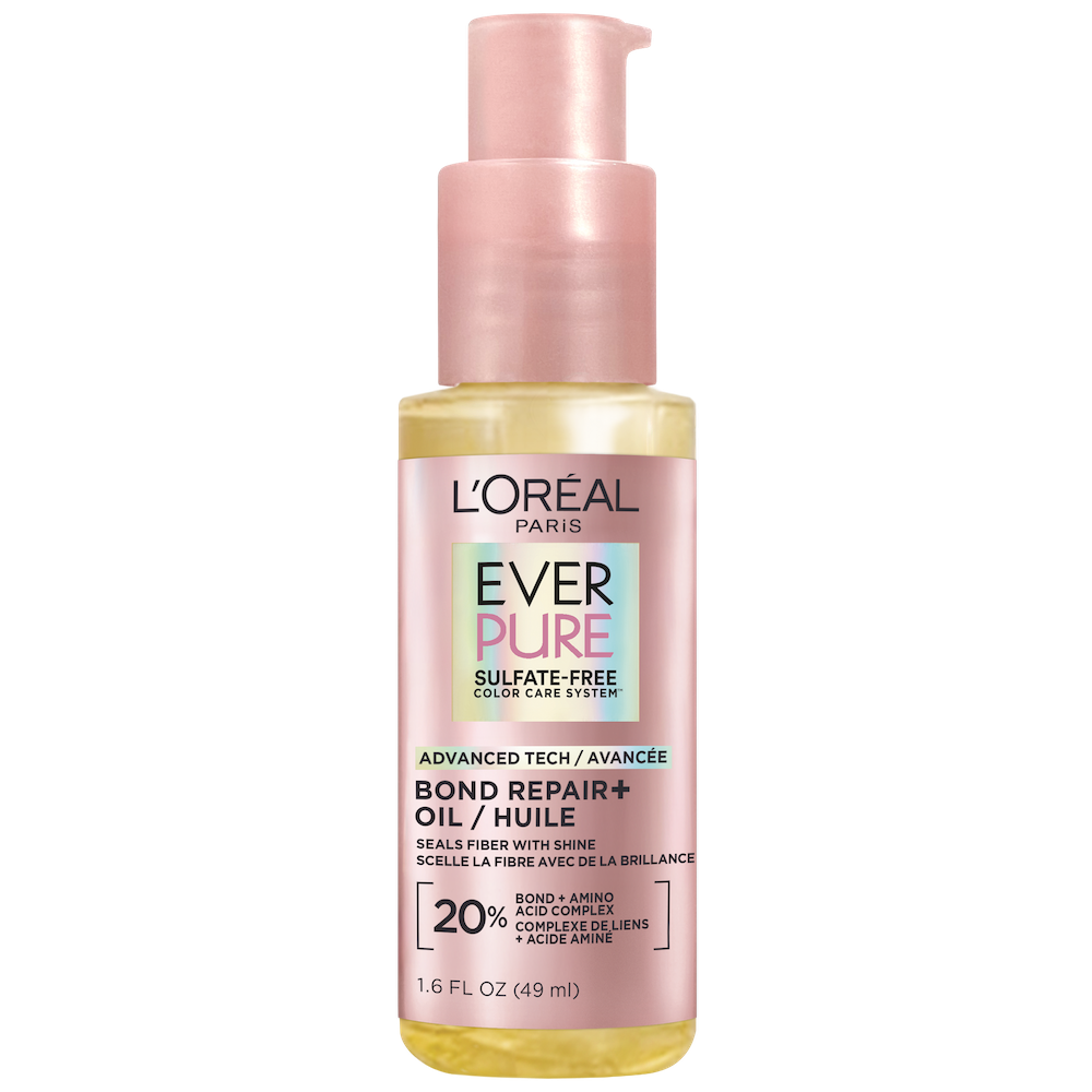 Vue de face du flacon de l'huile-en-sérum EverPure Bond Repair + de L'Oréal Paris, montrant le flacon-pompe de 49 ml et l'étiquette « Complexe de liens et d'acides aminés à 20 % ».