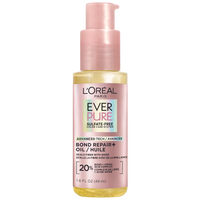 Vue de face du flacon de l'huile-en-sérum EverPure Bond Repair + de L'Oréal Paris, montrant le flacon-pompe de 49 ml et l'étiquette « Complexe de liens et d'acides aminés à 20 % ».