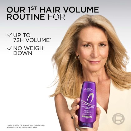 The complete L'Oréal Paris Hair Expertise Collagen Peptide Lifter product range (including Volumizing Shampoo, Volumizing Conditioner, Volumizing Dry Shampoo, and Volumizing Mousse) arranged on a purple background with the heading "GET THE INSTANT VOLUME LIFT ROUTINE".