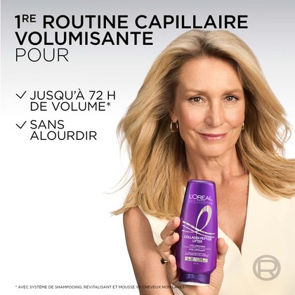 La gamme complète de produits L'Oréal Paris Hair Expertise Collagen Peptide Lifter (comprenant le shampooing volumateur, l'après-shampooing volumateur, le shampooing sec volumateur et la mousse volumatrice) disposée sur un fond violet avec le titre : « OBTENEZ LA ROUTINE INSTANTANÉE VOLUME ET REHAUSSEMENT ».