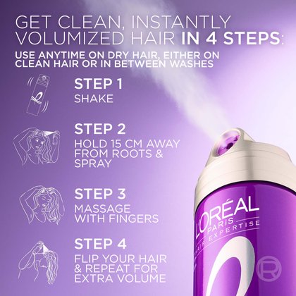 Step-by-step infographic detailing how to use the dry shampoo: Step 1 Shake, Step 2 Hold 6-8 in. away from roots & spray, Step 3 Massage with fingers, Step 4 Flip your hair & repeat for extra volume.