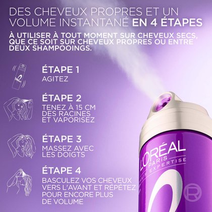 Infographie étape par étape détaillant comment utiliser le shampooing sec : Étape 1 Secouer, Étape 2 Tenir à 15-20 cm des racines et vaporiser, Étape 3 Masser avec les doigts, Étape 4 Renverser la tête et répéter pour un volume supplémentaire.