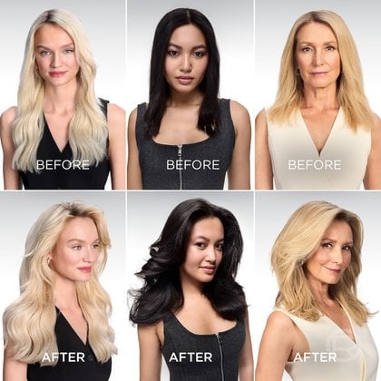 A split comparison matrix showing "Before" (top row) and "After" (bottom row) hair volume and lift results for three different models.