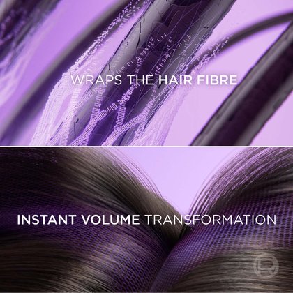 Two split panels: the top shows a close-up of hair fibers being wrapped with formula ("WRAPS THE HAIR FIBERS"), and the bottom panel shows full, styled brown hair ("INSTANT VOLUME TRANSFORMATION").