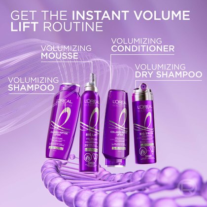 The complete L'Oréal Paris Hair Expertise Collagen Peptide Lifter product range (including Shampoo, Conditioner, Dry Shampoo, and Mousse) arranged on a purple background with the heading "GET THE INSTANT VOLUME LIFT ROUTINE".