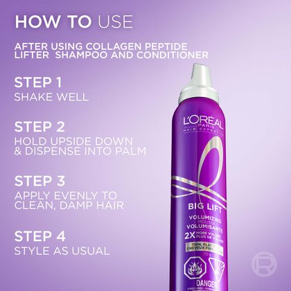 A purple can of Hair Expertise Collagen Peptide Lifter Big Lift mousse next to step-by-step usage instructions: "HOW TO USE: STEP 1 SHAKE WELL, STEP 2 HOLD UPSIDE DOWN & DISPENSE INTO PALM, STEP 3 APPLY EVENLY TO CLEAN DAMP HAIR, STEP 4 STYLE AS USUAL".