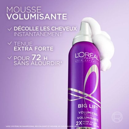 Un flacon de mousse Hair Expertise Collagen Peptide Lifter Big Lift présenté sur un fond violet clair avec des touches de mousse blanche, accompagné du texte : « MOUSSE VOLUMATRICE BIG LIFT, REHAUSSE INSTANTANÉMENT LES CHEVEUX, FIXATION EXTRA-FORTE, JUSQU'À 72H SANS ALOURDIR ».